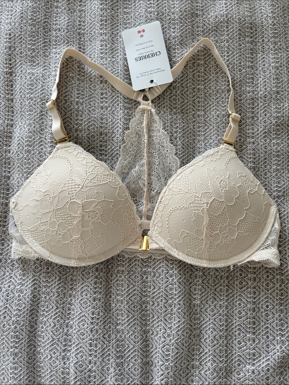 Lace T-Back Push-Up Bra — Cream